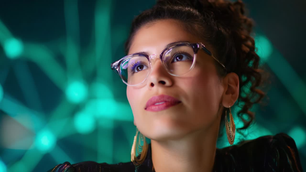 A Thoughtful Young Woman with Glasses Pondering Ideas Under a Vibrant Abstract Background, Capturing a Moment of Reflection and Inspiration with Intricate Visual Elements Highlighting Creativity