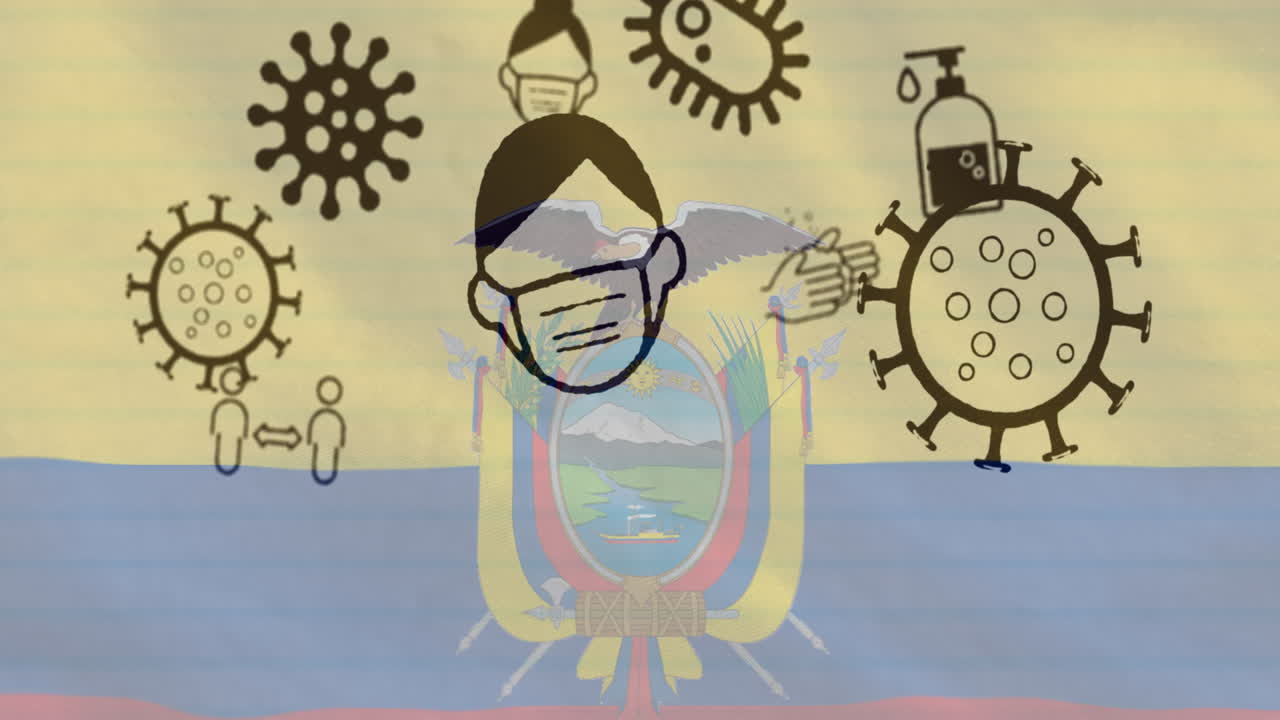 에 ⁇ 도르 국기 위의 코로나19 바이러스 세포와 디지털 아이콘의 애니메이션