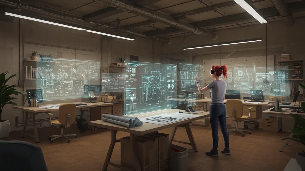 En fokusert innovatør interagerer med holografiske grensesnitt i et moderne arbeidsområde, og viser avansert teknologi og samarbeidspotensial i et futuristisk miljø