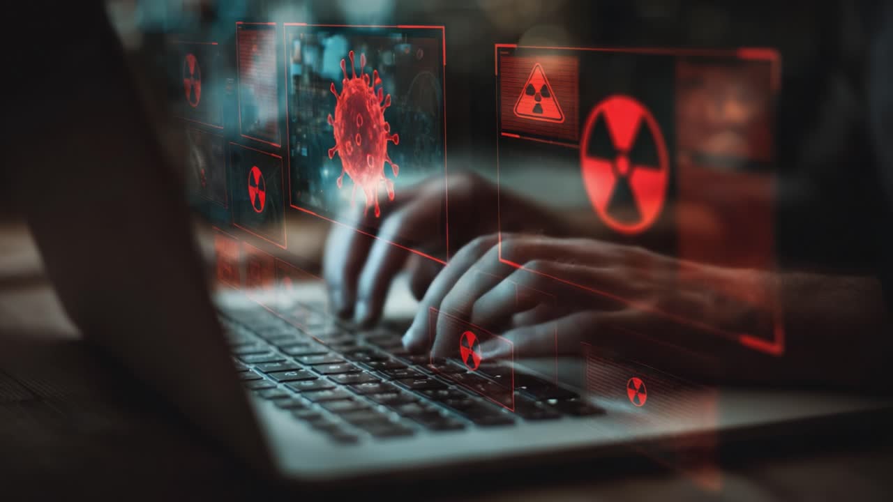 Exploring Digital Threats: A Deep Dive into Cybersecurity with Visual Representations of Viruses and Radiation on a Laptop Screen