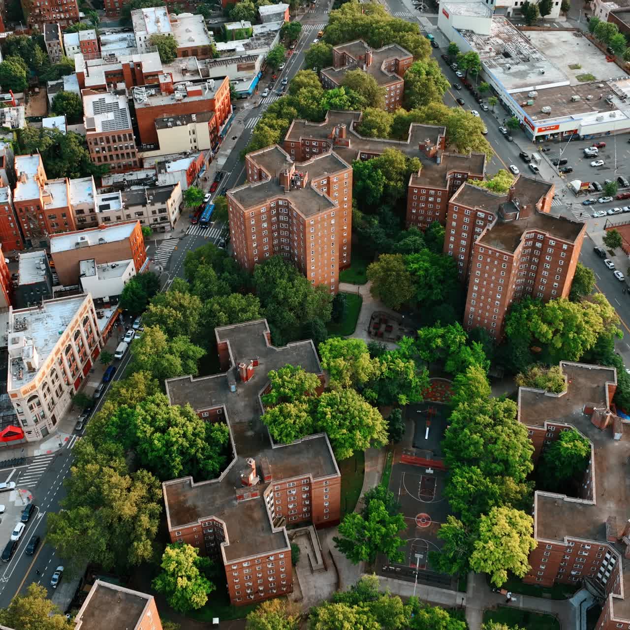 New York city housing projects to go green. Unusual design of the residential buildings with lots of greenery around. Top view