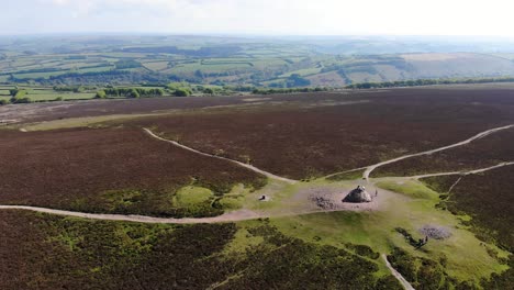 Aerial-View-Over-Summit-Of-Dunkery-Beacon-Surrounded-By-Heather