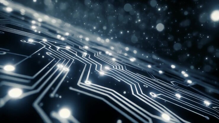 Circuito stampato digitale con flusso di dati luminoso e particelle
