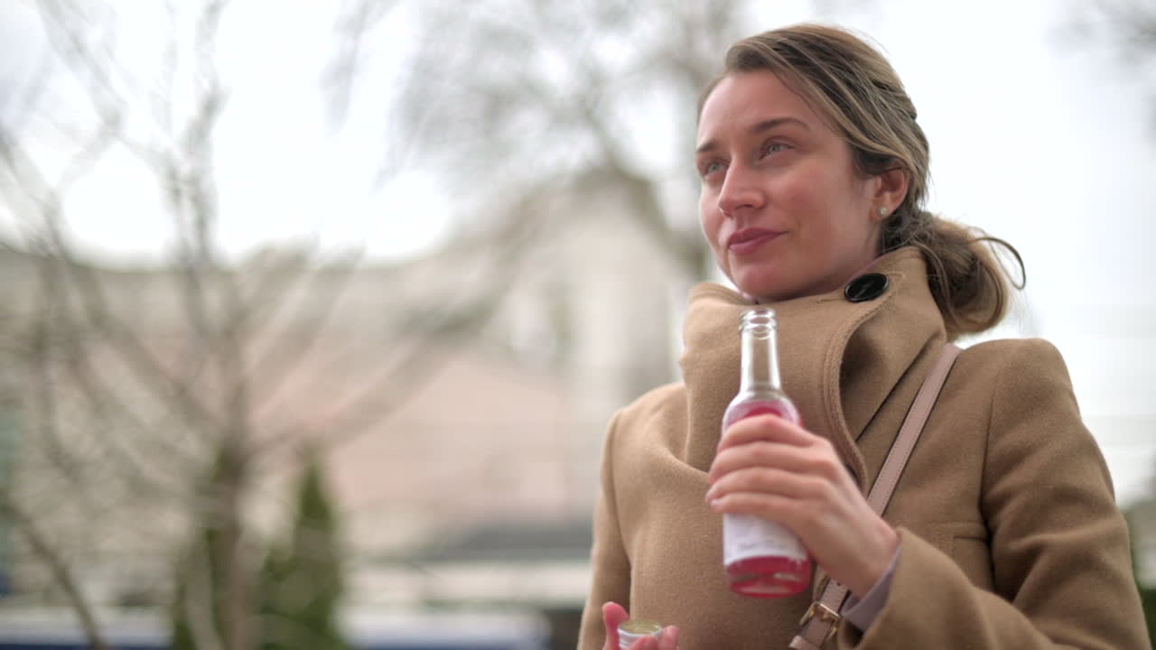 Woman in brown coat drinking a pink beverage outside
