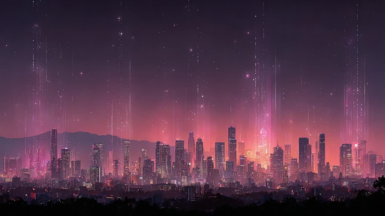 Uma Transformação Deslumbrante: Horizonte Urbano Cativante Sob Chuvas Místicas e Cores Radiantes do Crepúsculo em uma Cena Hipnotizante
