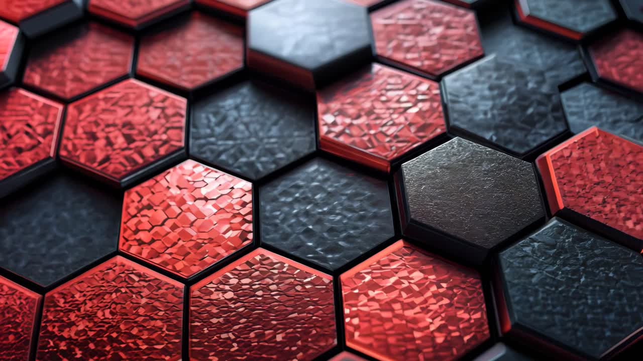 A close up of a red and black hexagon pattern. The red and black colors are bold and contrasting, creating a sense of energy and excitement. The pattern is made up of many small hexagons