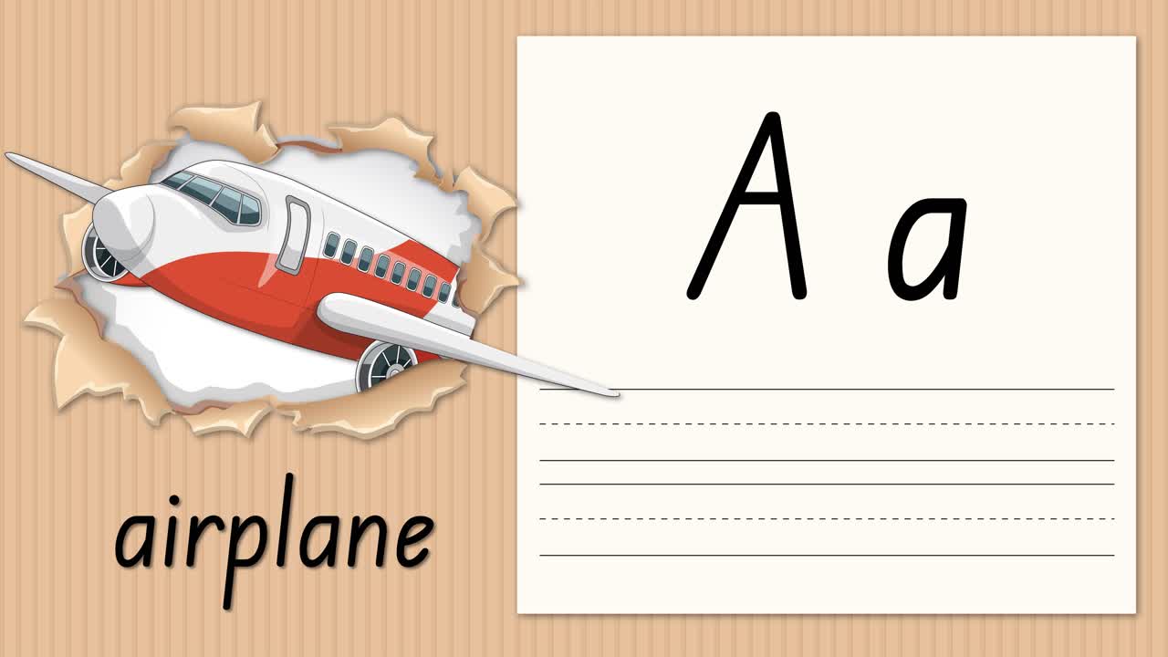 Video educativo animato che insegna la lettera A utilizzando un'illustrazione di un aeroplano e righe per la pratica della scrittura a mano