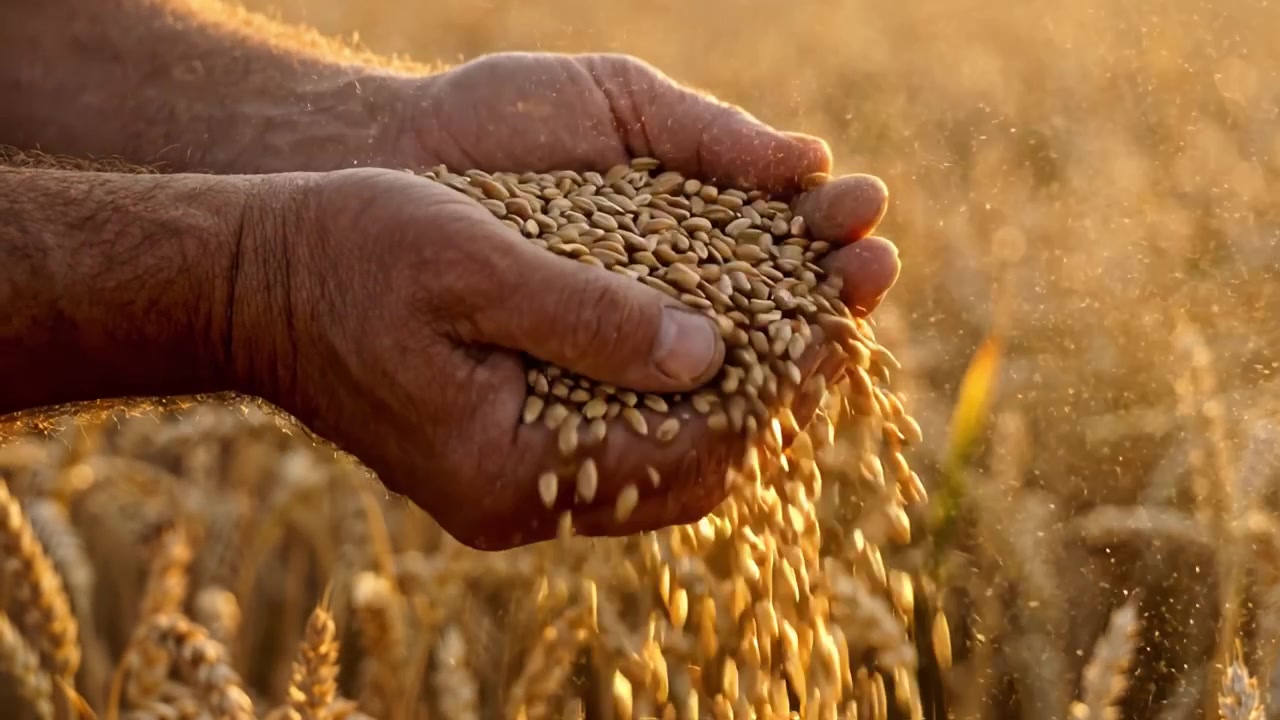 Capturando a Essência da Agricultura: Um Close-Up de Mãos Segurando Grãos de Trigo em Campos Dourados ao Pôr do Sol, Simbolizando o Trabalho e a Época da Colheita