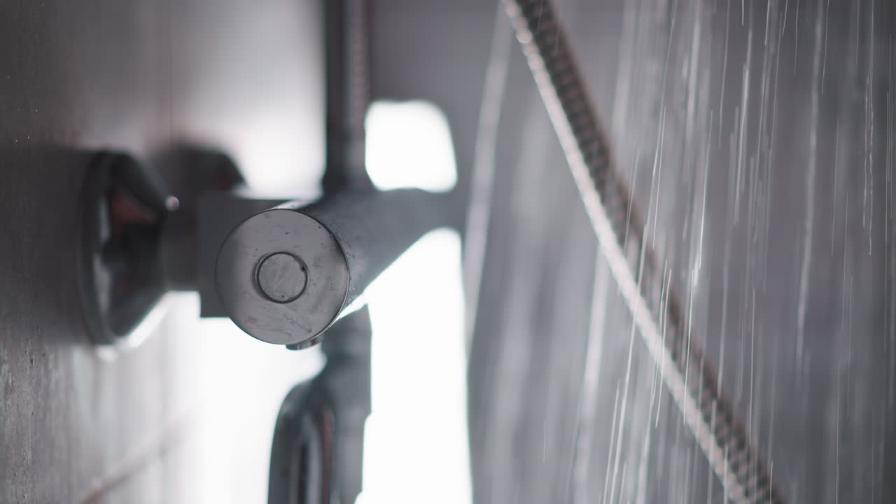 물은 좋은 압력 아래 가운 샤워에서 흐른다. 은 금속 샤워는 물의 꾸준한 관대한 흐름을 제공합니다. 물은  타일 벽으로 샤워에 흐른다.