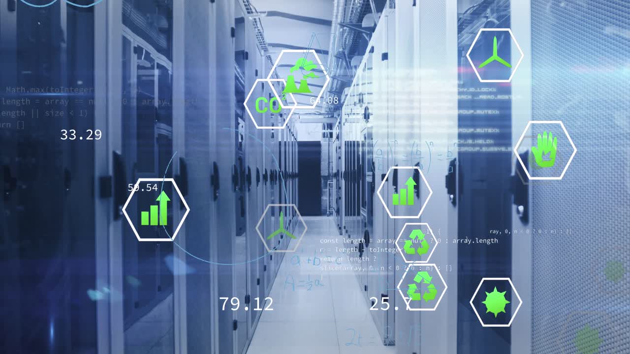 animación de múltiples iconos digitales, procesamiento de datos y puntos de luz contra la sala de servidores de computadora