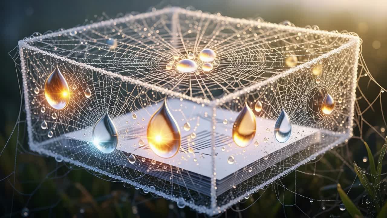 Intricate Nature: A Captivating Display of Water Droplets on a Delicate Spider Web Encasing a Layer of Paper, Highlighting the Beauty of Natural Elements in Harmony