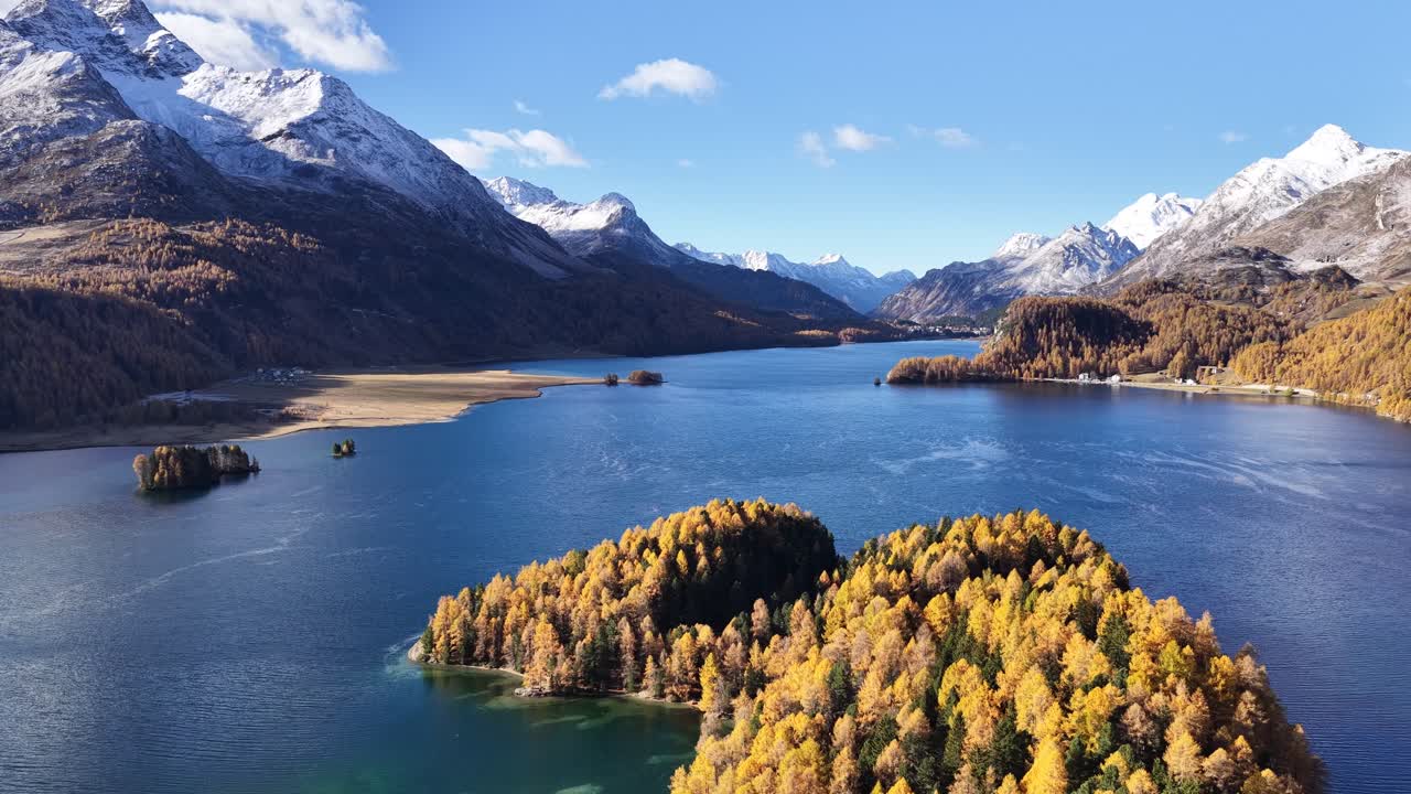 스위스 실바플라나 호수에 있는 작은 숲이 우거진 섬들이 눈 덮인 알프스 산맥으로 둘러싸여 있어요