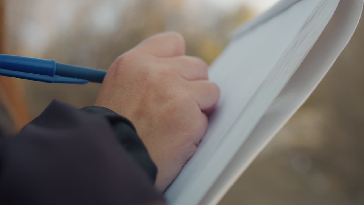 Closeup of hand writing notebook, blue pen on spiral pad, jacket sleeve and forearm visible, soft autumn bokeh, blurred pathway in background, quiet reflective mood, deliberate slow strokes capturing