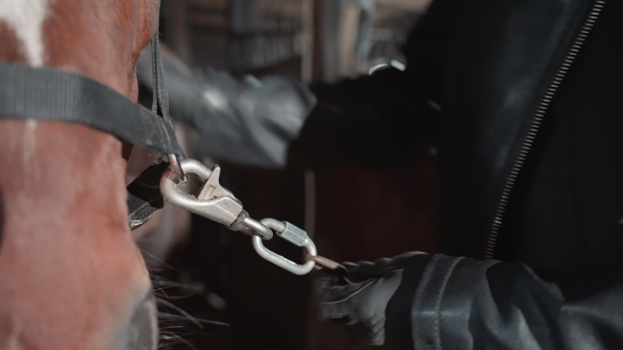 Strigliatura del cavallo completata. Il cavaliere tranquillo prepara il cavallo con calma. Il signore posato regola con cura la testiera sul cavallo forte. Lo stalliere si prende cura del cavallo mentre il cavaliere silenzioso si prepara.