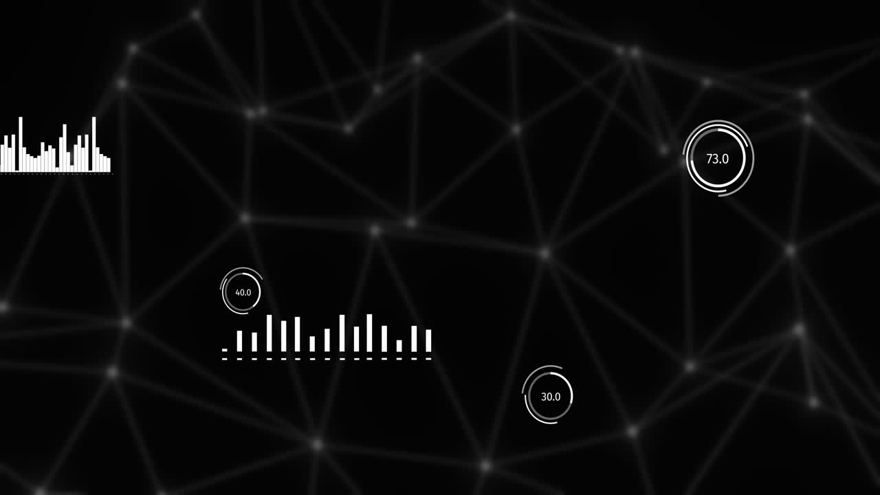 Data visualization animation over network of connections on black background