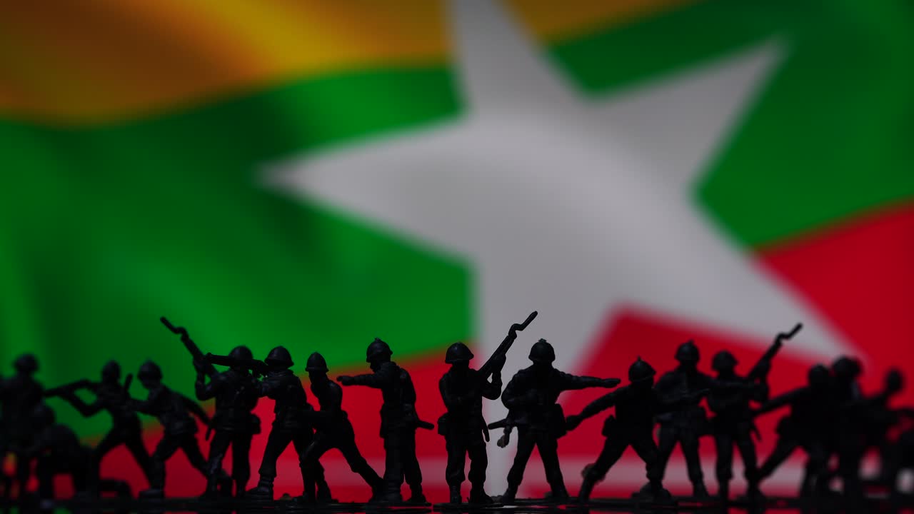 Military coup in Myanmar, flag background, illustration of political crisis