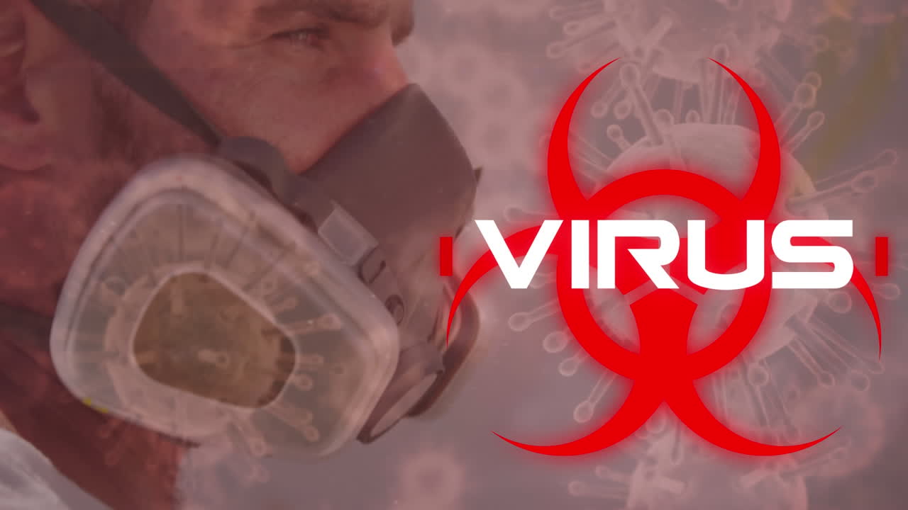 слово вирус, написанное над знаком опасности для здоровья с клетками ковид-19, распространяющимся на человека, носящего маску