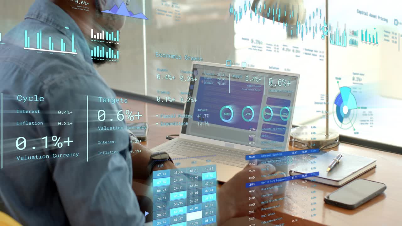 Man at desk responding to market alert, tapping laptop and adjusting HUD charts, analyzing stocks