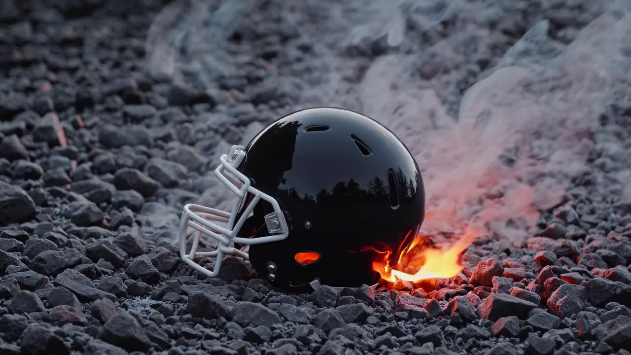 Dynamic video concept of a black football helmet on fire, captured at ground level