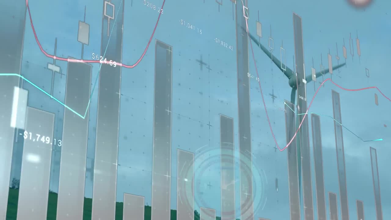 풍력 터빈에 대한 시계, 통계 및 데이터 처리의 애니메이션