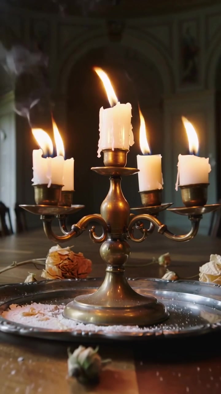 Video verticale: La telecamera si allontana, un candelabro di ottone acceso su un vassoio d'argento emana una luce calda.