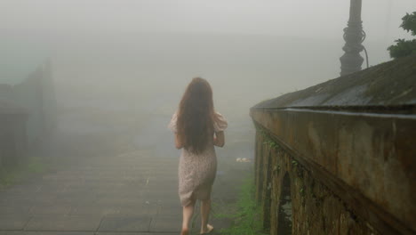 young widow well dressed walking alone on to cemetery path with blue flower in foggy misty landscape