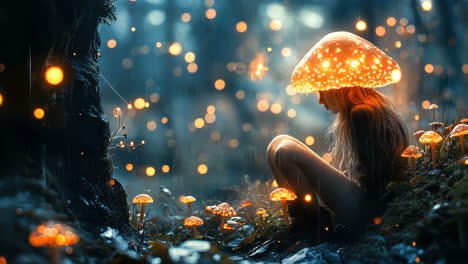 enchanting figure with glowing mushroom head in a mystical forest