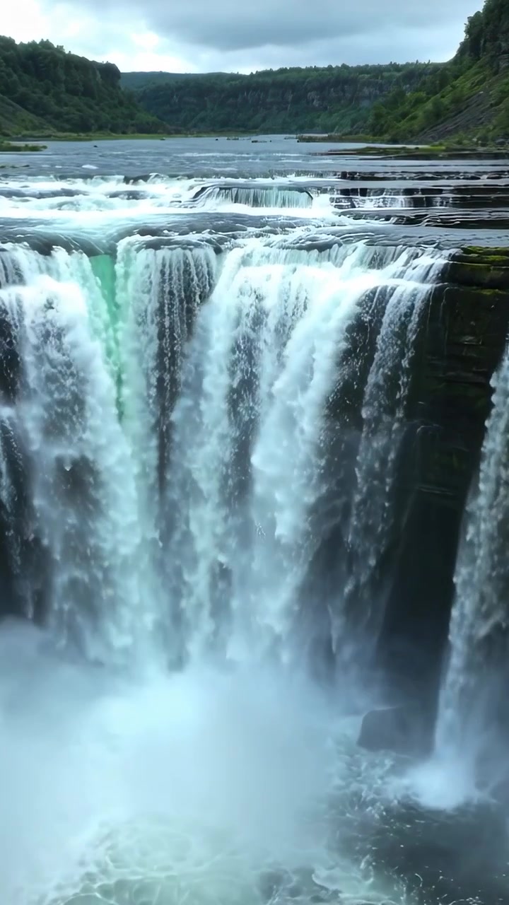 Video verticale: Fiume impetuoso che raggiunge il bordo, riversandosi su un'ampia sporgenza e formando cascate a più canali