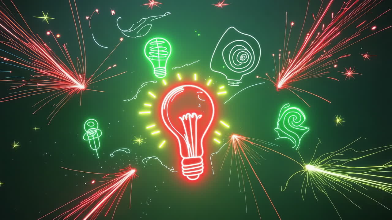 Creative Ideas Sparking: Abstract Light Bulbs and Neon Glow