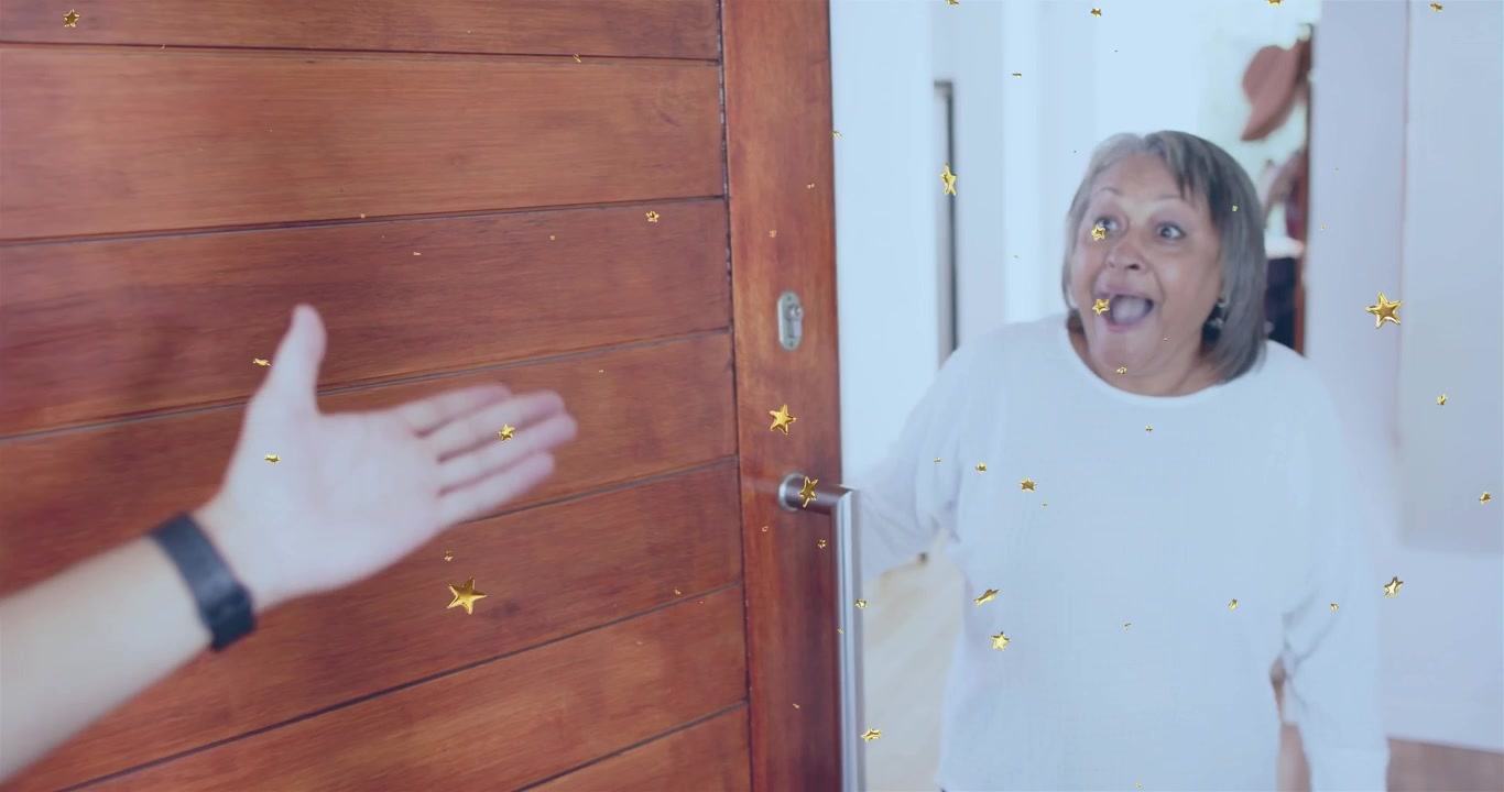 Visitor knocking sliding door and activating tech overlay welcoming homeowner peeking and smiling