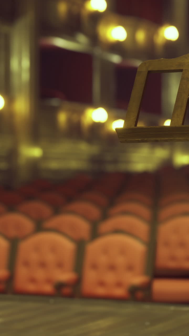 Allestimento del palco con posti vuoti in un teatro durante uno spettacolo serale.