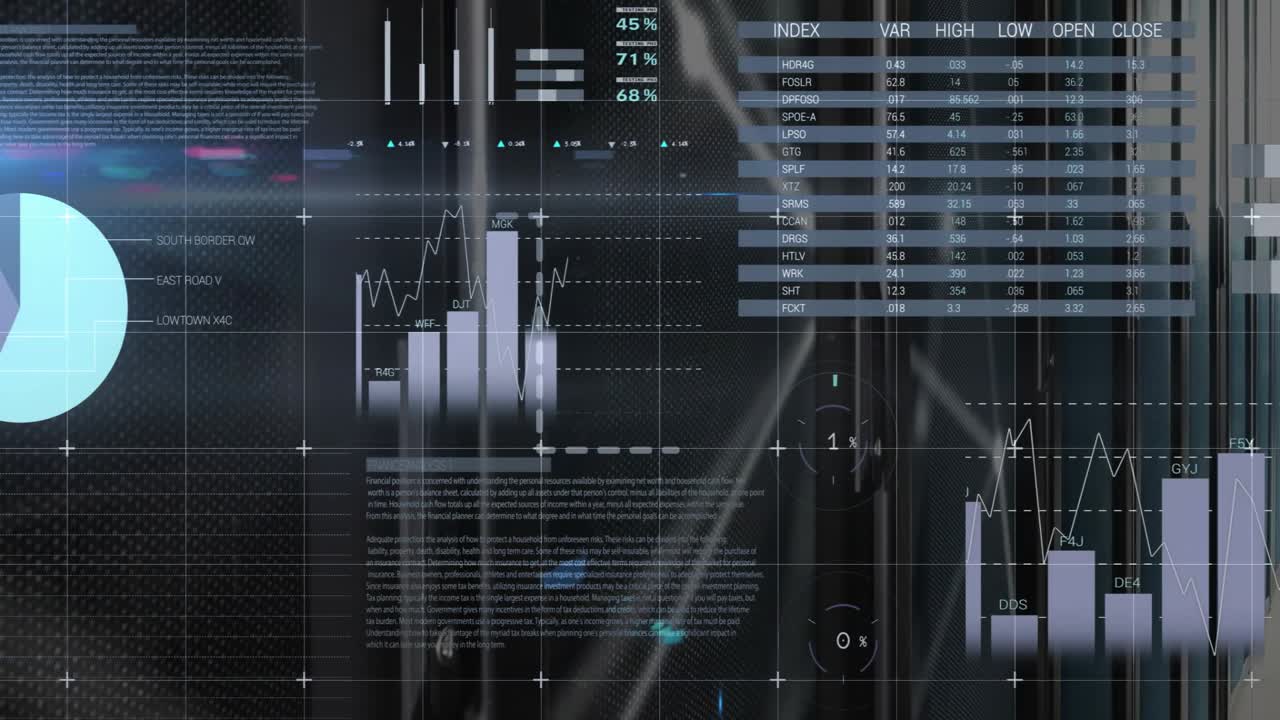 Datatabell glir inn øverst til venstre, initierer skivediagrammer, kart og grafer som viser innsikt over et mørkt rutenett.