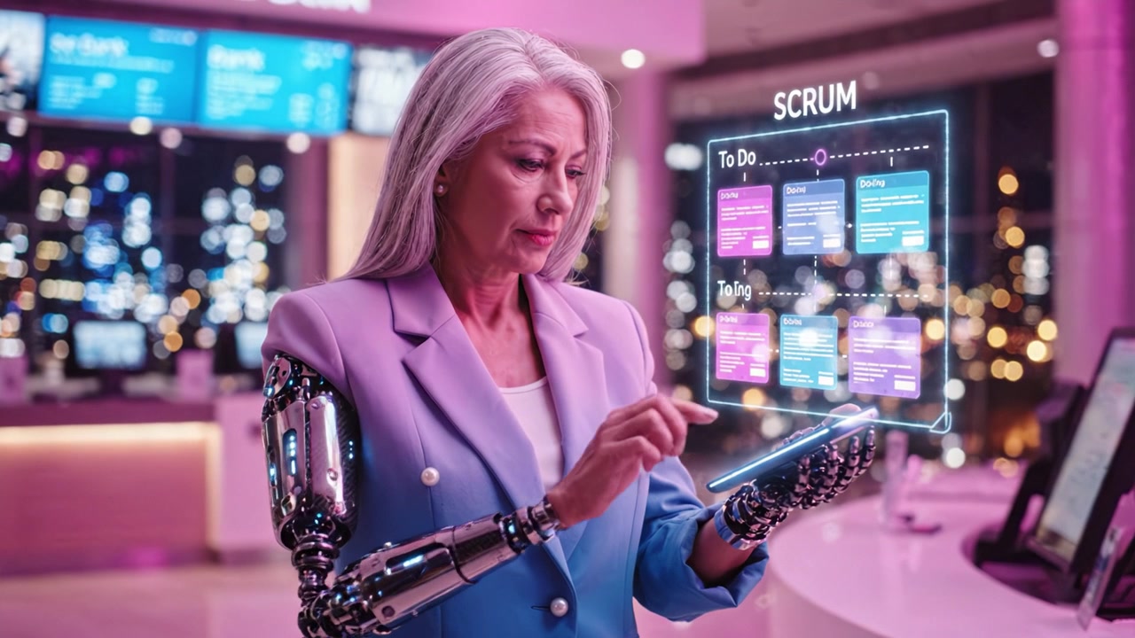 Futuristická žena s robotickými pažemi interaguje s digitální scrum nástěnkou na svém chytrém telefonu na pozadí pulzujícího, high-tech městského prostředí plného světel.