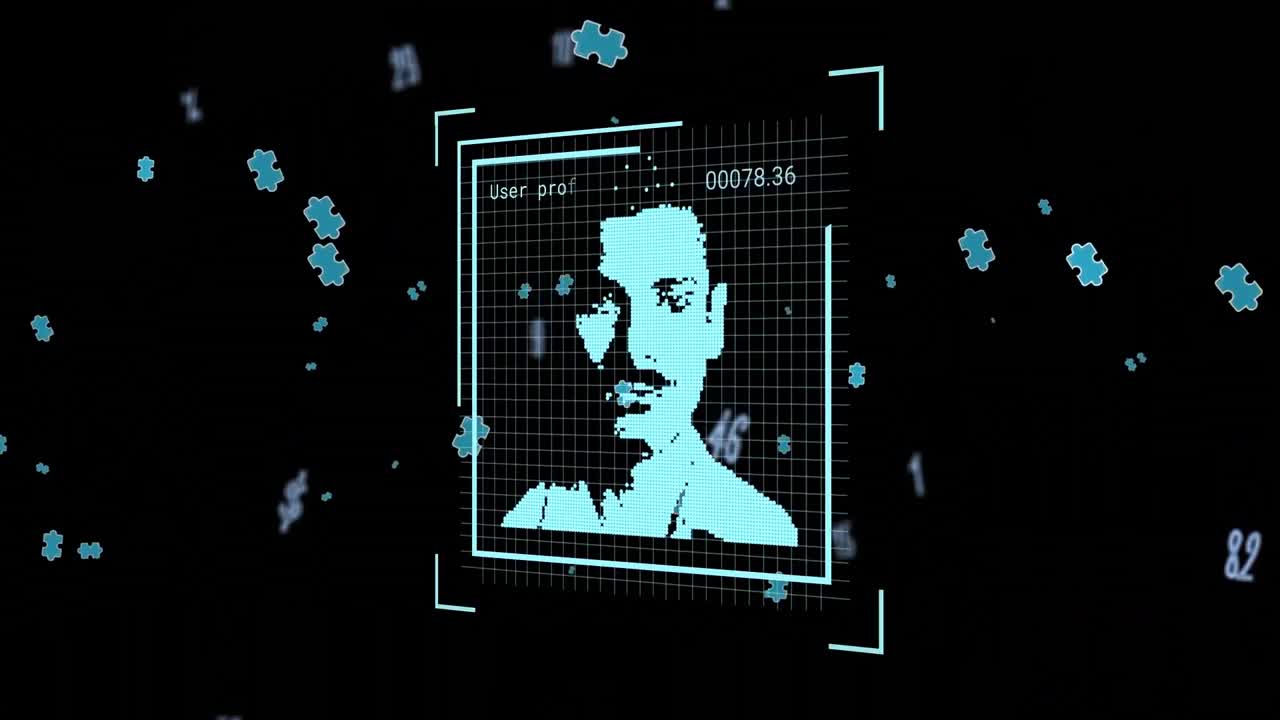 어두운 배경에 떨어지는 달러 기호와 숫자 위에 디지털 프로필 이미지의 애니메이션