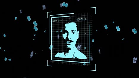 animación de imágenes de perfil digital sobre signos y números de dólares que caen sobre un fondo oscuro