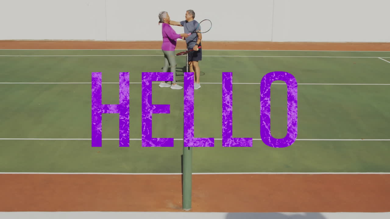 Senior woman and man exchanging rackets, tennis balls on outdoor court, with animated health chart
