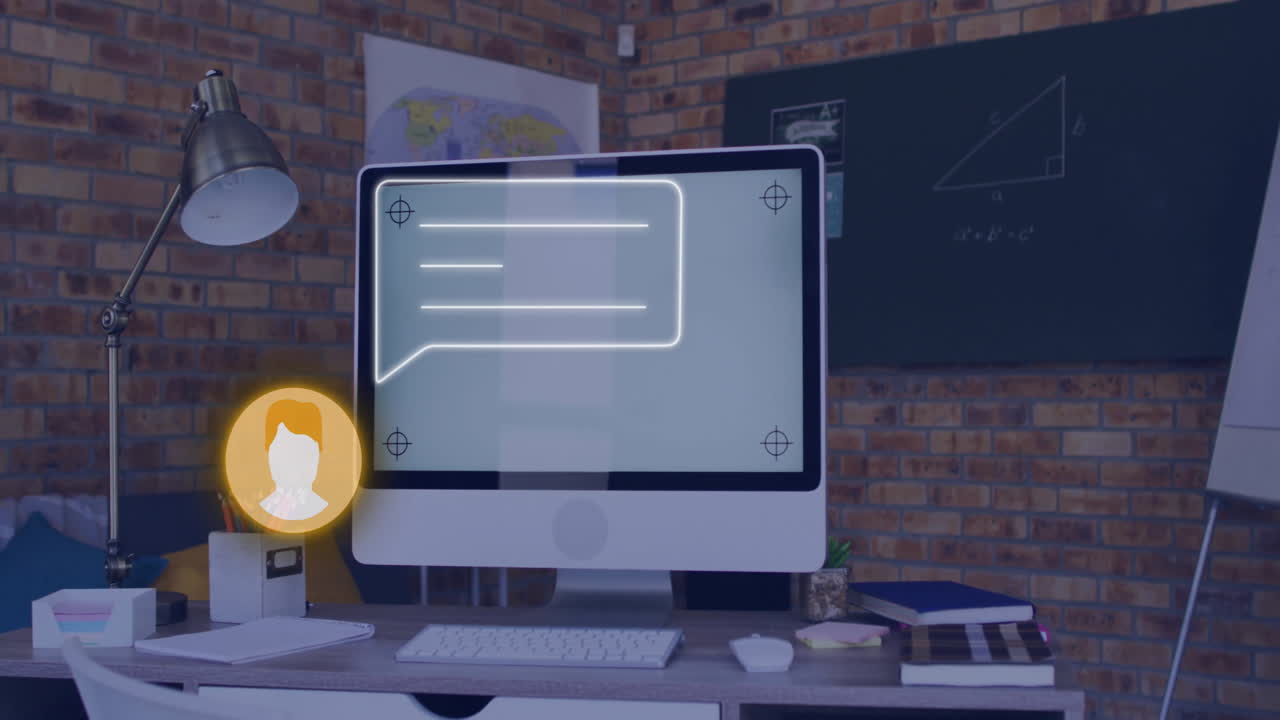 Chat bubble animation over computer screen in modern office setting