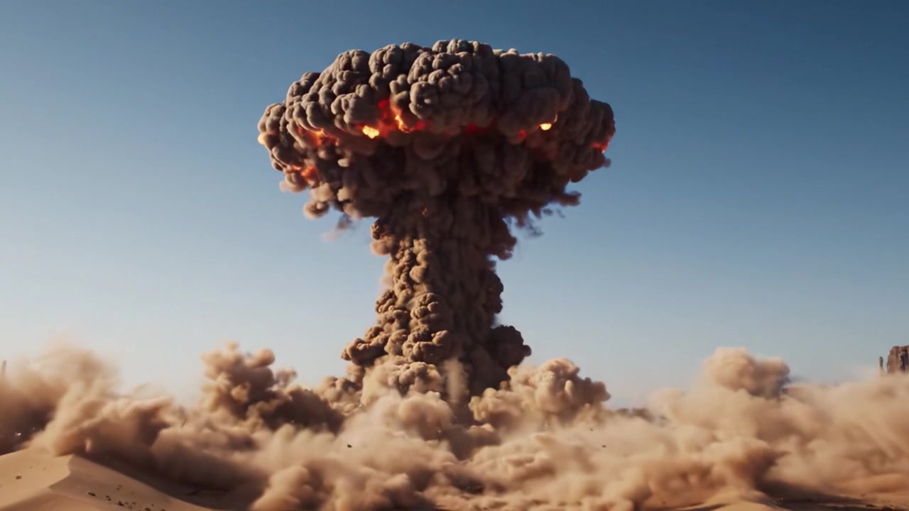 Eine mächtige Explosion bricht in der Wüste aus und erzeugt eine riesige Pilzwolke, die die Landschaft unter einem klaren blauen Himmel mit Rauch und Trümmern verschlingt.