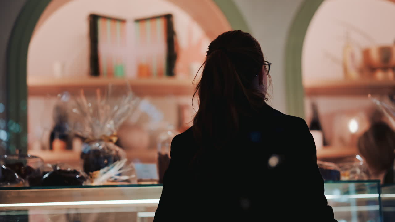 A woman seen from behind as she stands at a pastry counter, with warm shelves and packaged desserts in front of her
