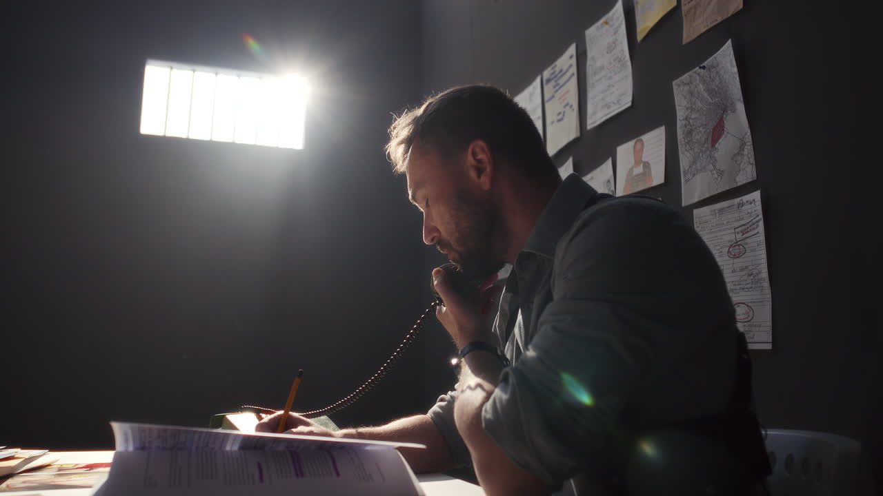 Detective Speaking on Phone and Taking Notes at Police Station
