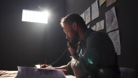 detective speaking on phone and taking notes at police station