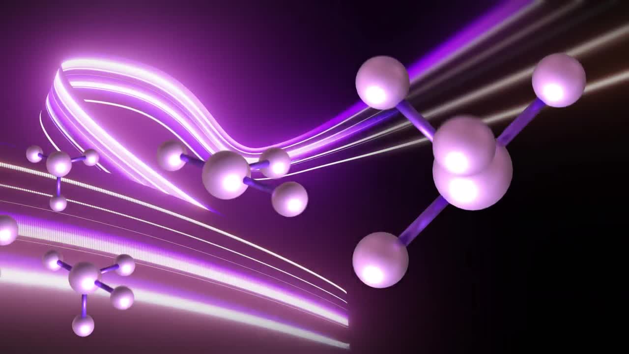 보라색 네온 빛 트레일 배경 위에 분자의 매크로의 애니메이션