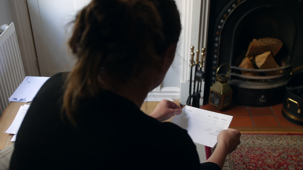 una mujer irreconocible abriendo una carta de deuda