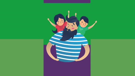 animación de la ilustración de un padre feliz jugando con su hijo y su hija en los hombros