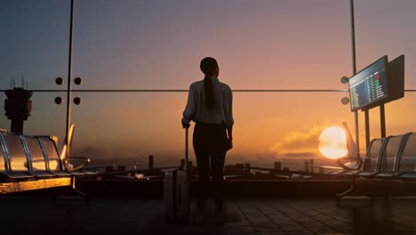 back view of asian woman with rolling suitcase waits for flight in boarding lounge at the airport, walking and looking around, airplane takes off outside the window