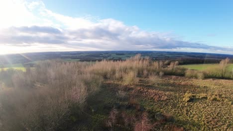 fpv drone volando a través de billinge hill beacon bosque de otoño en el paisaje de tierras de cultivo de lancashire