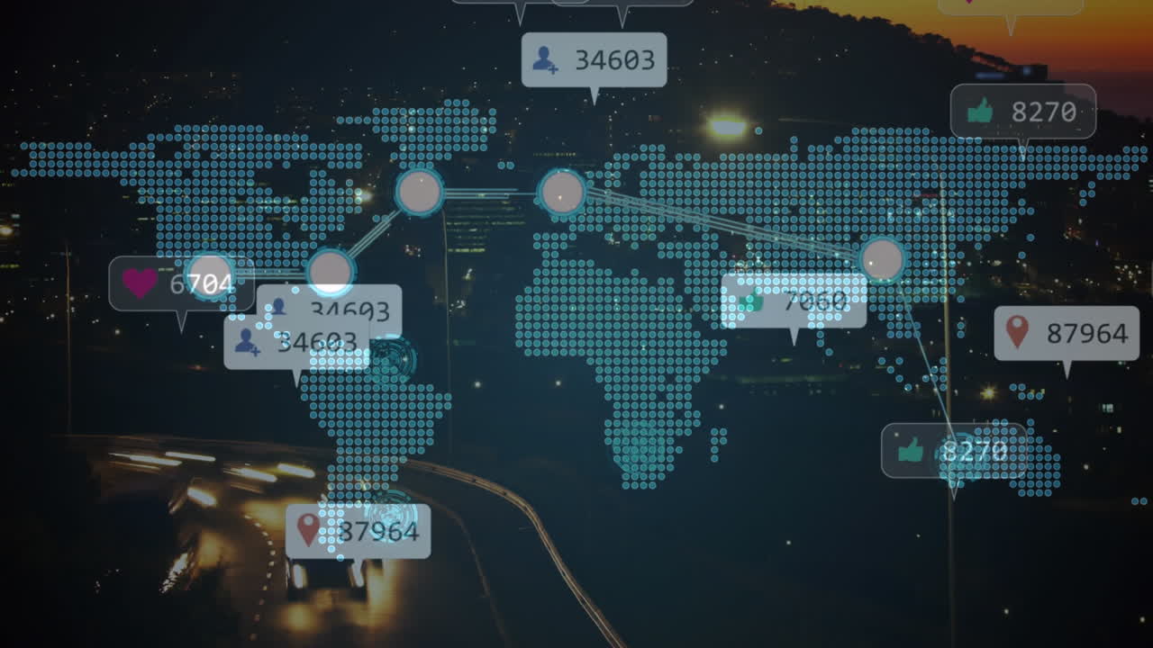 animación de iconos de redes sociales y mapa del mundo sobre el paisaje urbano