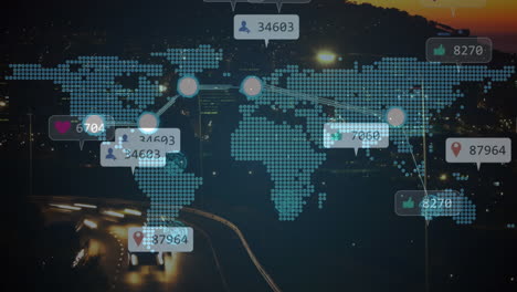 animation of social media icons and world map over cityscape