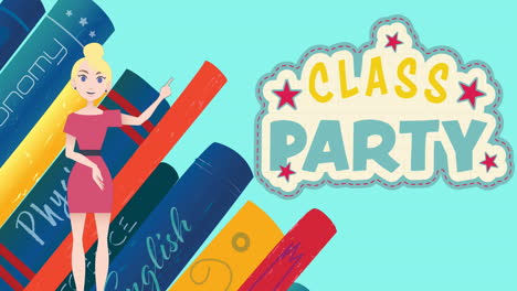 animation of woman talking over class party text and book icons