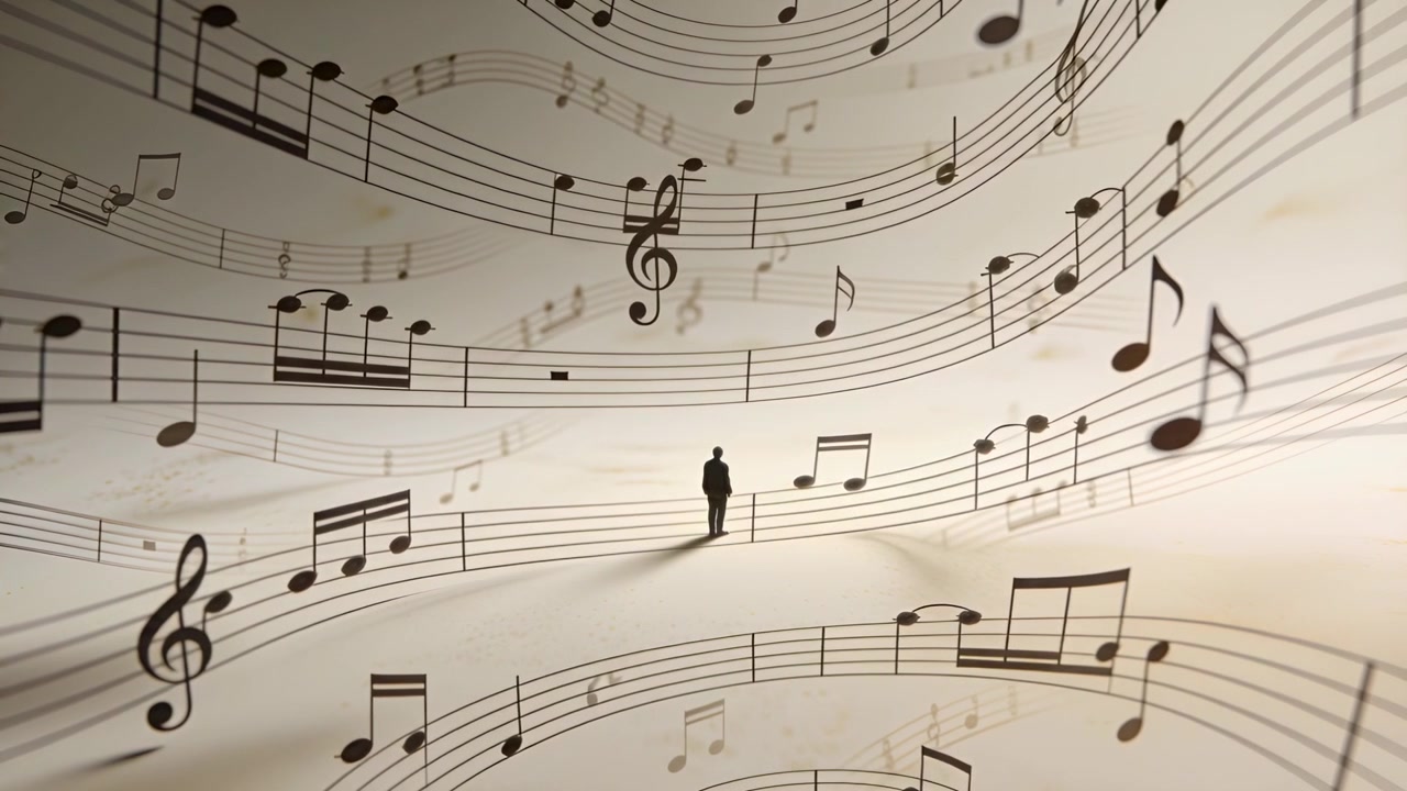 Standing tiny man silhouette staying centered on staff while camera drifting anchoring treble clefs